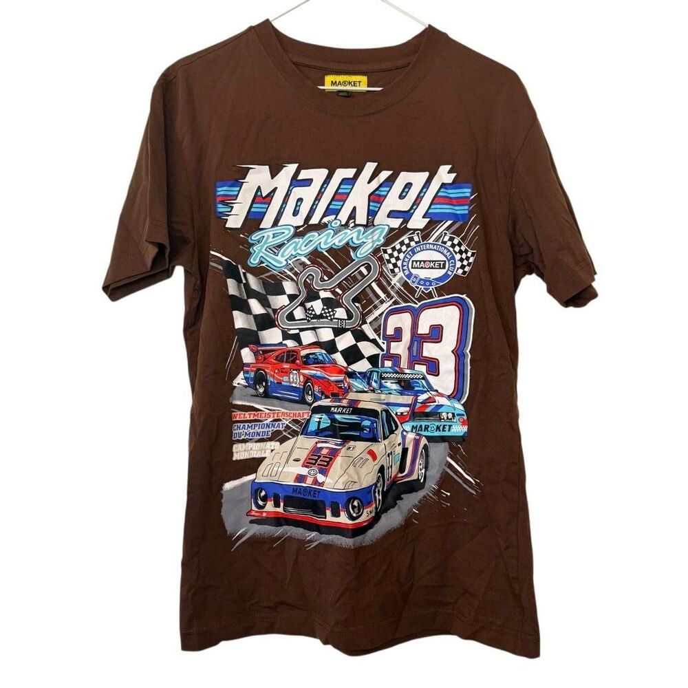 Market Crew Neck Cotton Racing Short Sleeve Graphic Brown T-shirt Small
